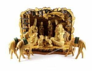 Grande Presepe Intagliato A Mano In Legno D'ulivo Di Betlemme, Set Completo Con 13 Figure E Stalla